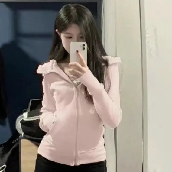 Streetwear Black Hoodie Coat 2025 Women's Clothing Hooded Zipper Slim Fit Y2k Jackets Casual Fashion Sweatshirts Tops Ropa Mujer