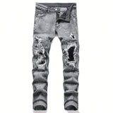 Men's Ripped Patchwork Stretch Denim Jeans | Streetwear