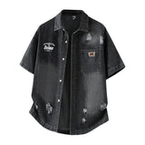 Men's Casual Black Denim Shirt Short Sleeve Loose Fit Gradient Washed RESPECT Embossed Summer Streetwear Button Up Blouse