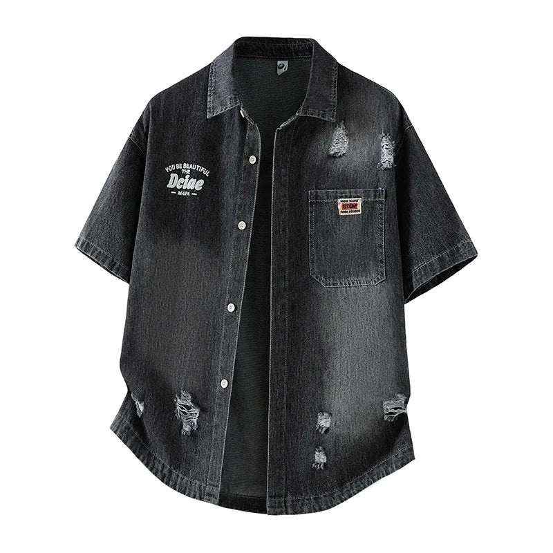 Men's Casual Black Denim Shirt Short Sleeve Loose Fit Gradient Washed RESPECT Embossed Summer Streetwear Button Up Blouse