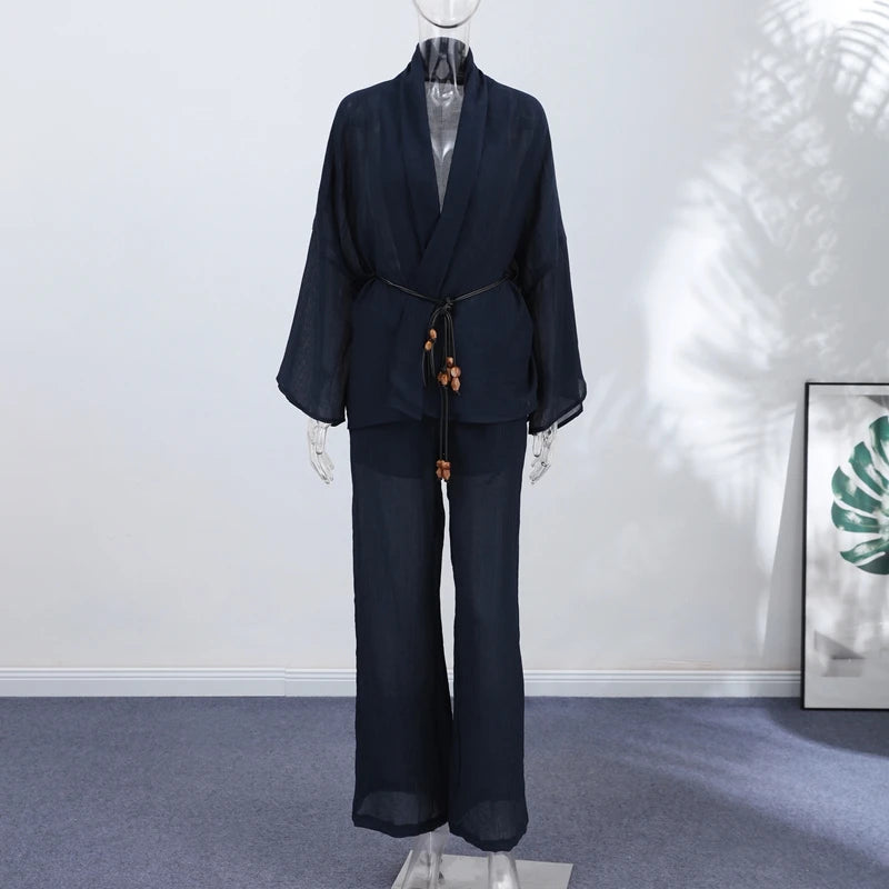 Fashion Stripe Long Pants Set Women Chic Lapel Single Breasted Shirt High Waist Wide Leg Trousers 2026 Spring New 2 Pcs Outfits