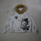 Winter Fashion Streetwear Women's Gothic Printed Faux Fur Hooded Jacket Trendy Edgy Zip - Up Sweatshirt 2026 New Arrival
