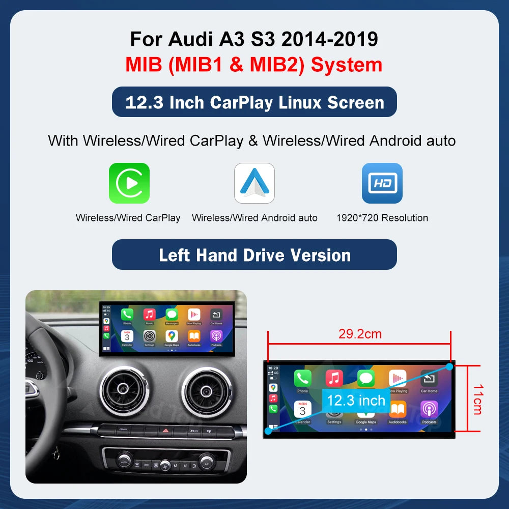 Road Top 12.3" Touchscreen Display for Audi A3 2014–2019 LHD