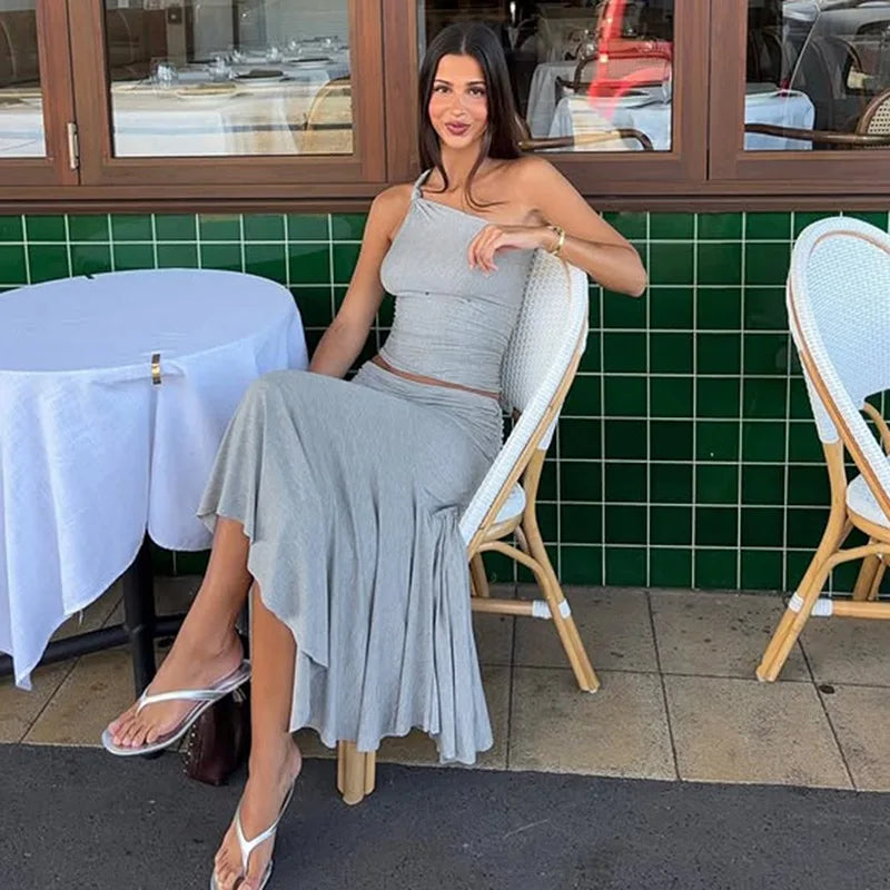 Tossy Fashion Pleated 2 Piece-Set Long Skirt For Women Off-Shoulder Cropped Pullover Top And Slim Long Skirt Sets Female Outfits