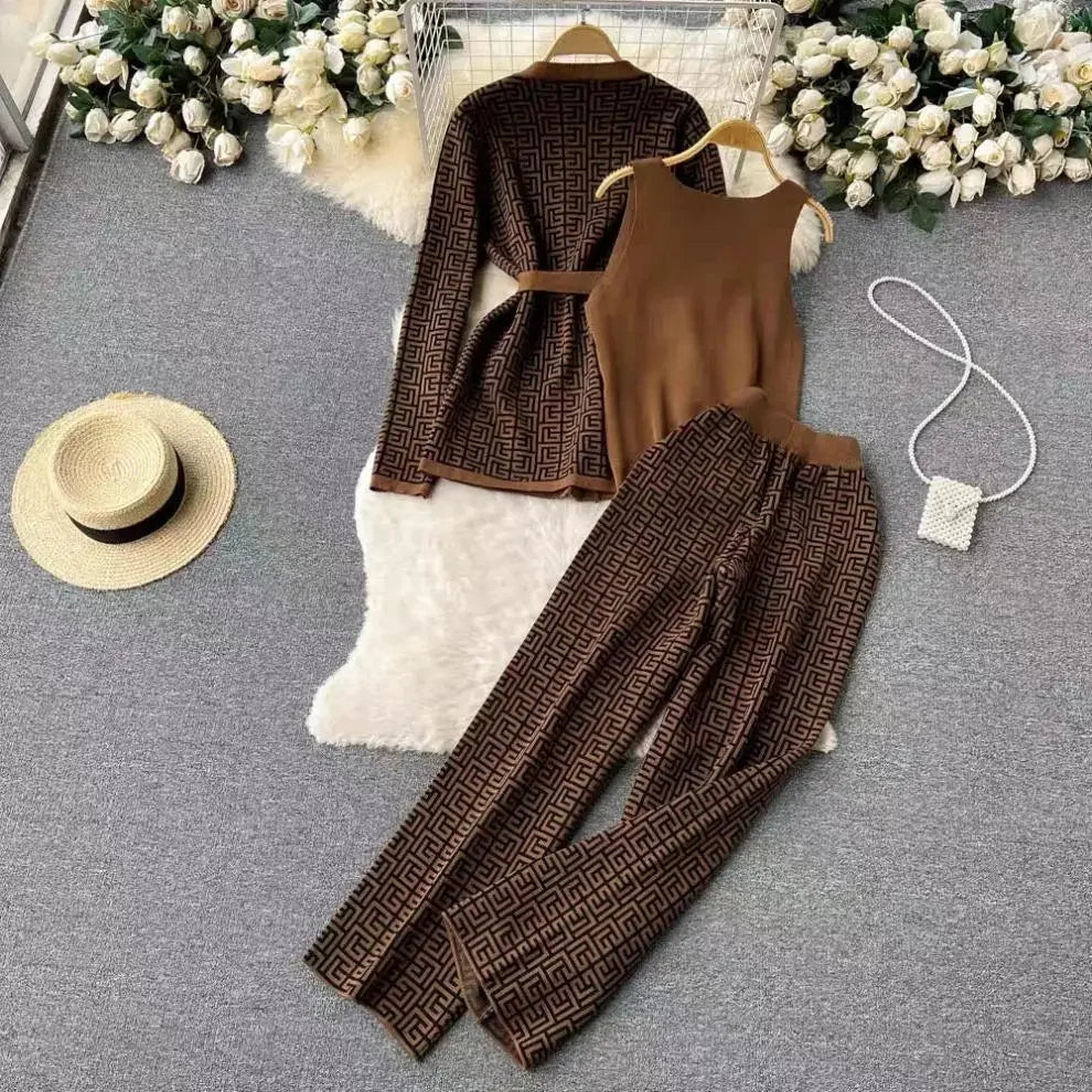 3-Piece Women’s Knitted Set: V-Neck Belted Cardigan & High-Waist Wide-Leg Pants