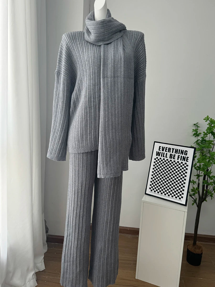 Hirsionsan Soft Elegant Vintage Women Suits 3 Pieces Female Sets O Neck Sweater & Wild Leg Pants with Scarf Knitted TrackSuit