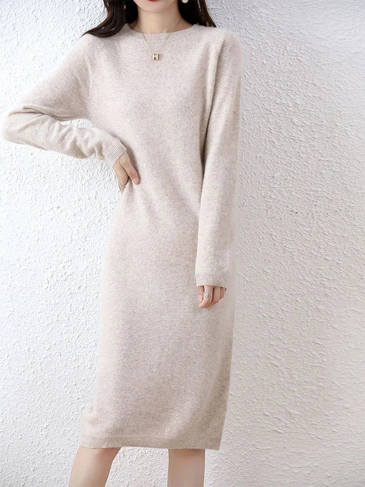 100% Merino Wool Long-Sleeve Midi Sweater Dress