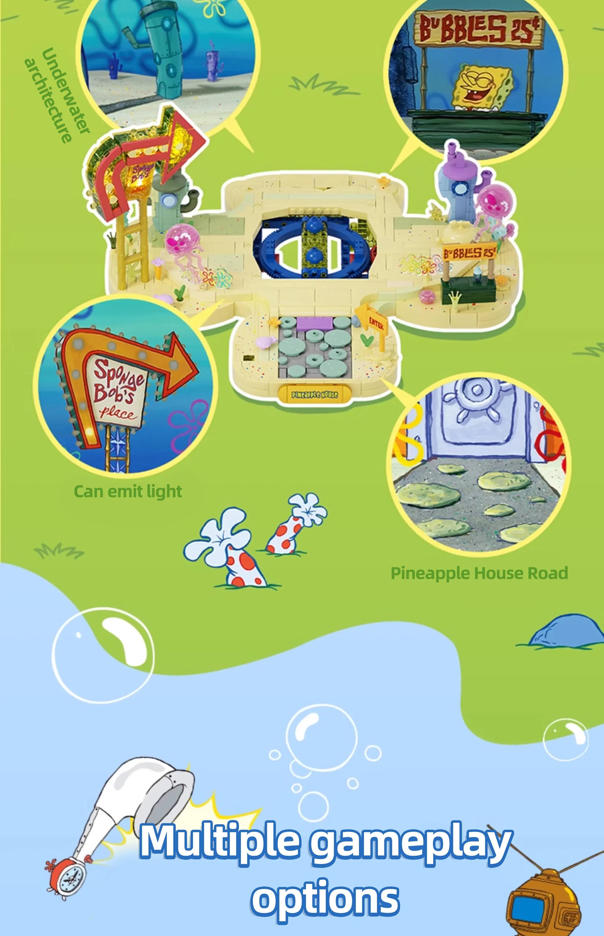 Spongebob Cartoon Krusty Krab Restaurant Building Blocks Creative Canteen Scenes Model Bricks Desktop Ornaments Fans Toys Gifts
