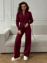 Bornladies Women's New Knit Zip Up Cardigan Wide Leg Pants Set Soft Fabric Cropped Elastic Waist Autumn Winter Fashion Sweater