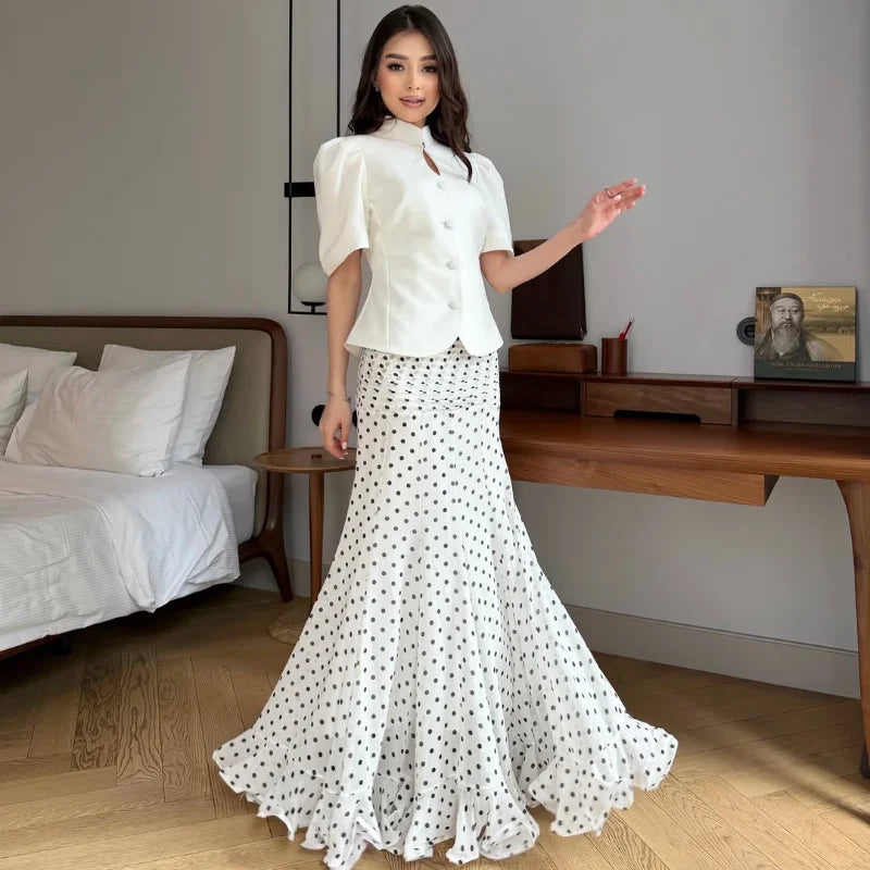 Women Polka Dot Print High Waist Maxi Skirt Elegant Ruched Mermaid Long Skirts 2026 Summer Casual Vacation Fashion  Outwear