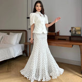 Women Polka Dot Print High Waist Maxi Skirt Elegant Ruched Mermaid Long Skirts 2026 Summer Casual Vacation Fashion  Outwear