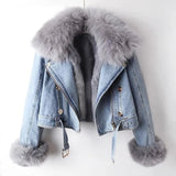 Winter Denim Jacket - Faux Fox Fur Collar & Rabbit Hair Lining Parka