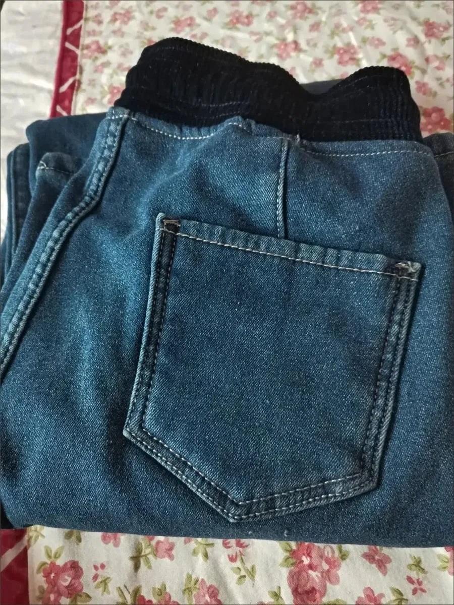 Winter Wide Leg Denim Pants Women Thicken Plush Velvet Lined High Waist Jeans Lace Up Warm Baggy Straight Vaqueros Pantalones