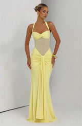 Women’s Halter Backless Maxi Dress – Off-Shoulder Ruched Bodycon Club Party Gown