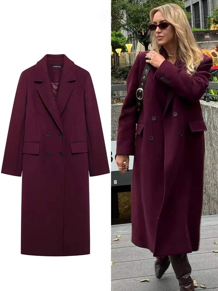 Elegant Burgundy Double-Breasted Long Coat