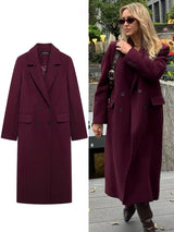 Elegant Burgundy Double-Breasted Long Coat