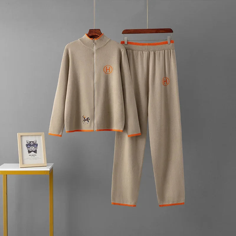 USA-Made Luxury Wool 2-Piece Set: Embroidered Horse Knit Jacket & Pants