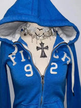 2025 new blue sweatshirt for women fall and winter gothic American retro casual bulk streetwear Y2K design Slim cardigan jacket