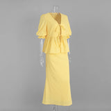 Tossy Summer Ruffled 2 Piece-Set Maxi Skirt For Women V-Neck Lace-Up Short Sleeve Shirts Top And Slim High Waist Long Skirt Sets