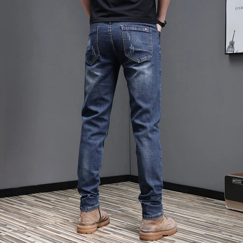 Embroidered Jeans Men's Autumn Winter New Korean Fashion Slim Little Feet Trousers Stretch Vintage Street Denim Trousers Male