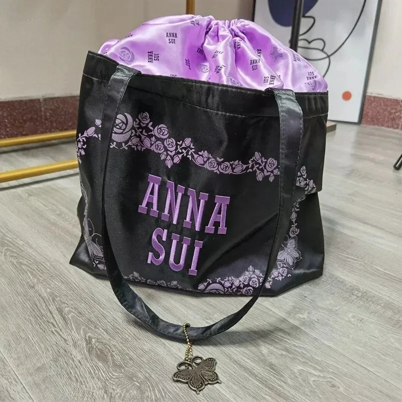 Purple Drawstring Handbags For Women Japan Brand Designer Shoulder Bag Large Capacity Embroidery Fashion Casual Shopper Tote Bag