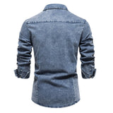Curled Edge Sleeves Denim Shirts Men'S Slim Fitted Washed Classic Slim With Pocket Jeans Long Sleeve Shirt Camisa De Hombre