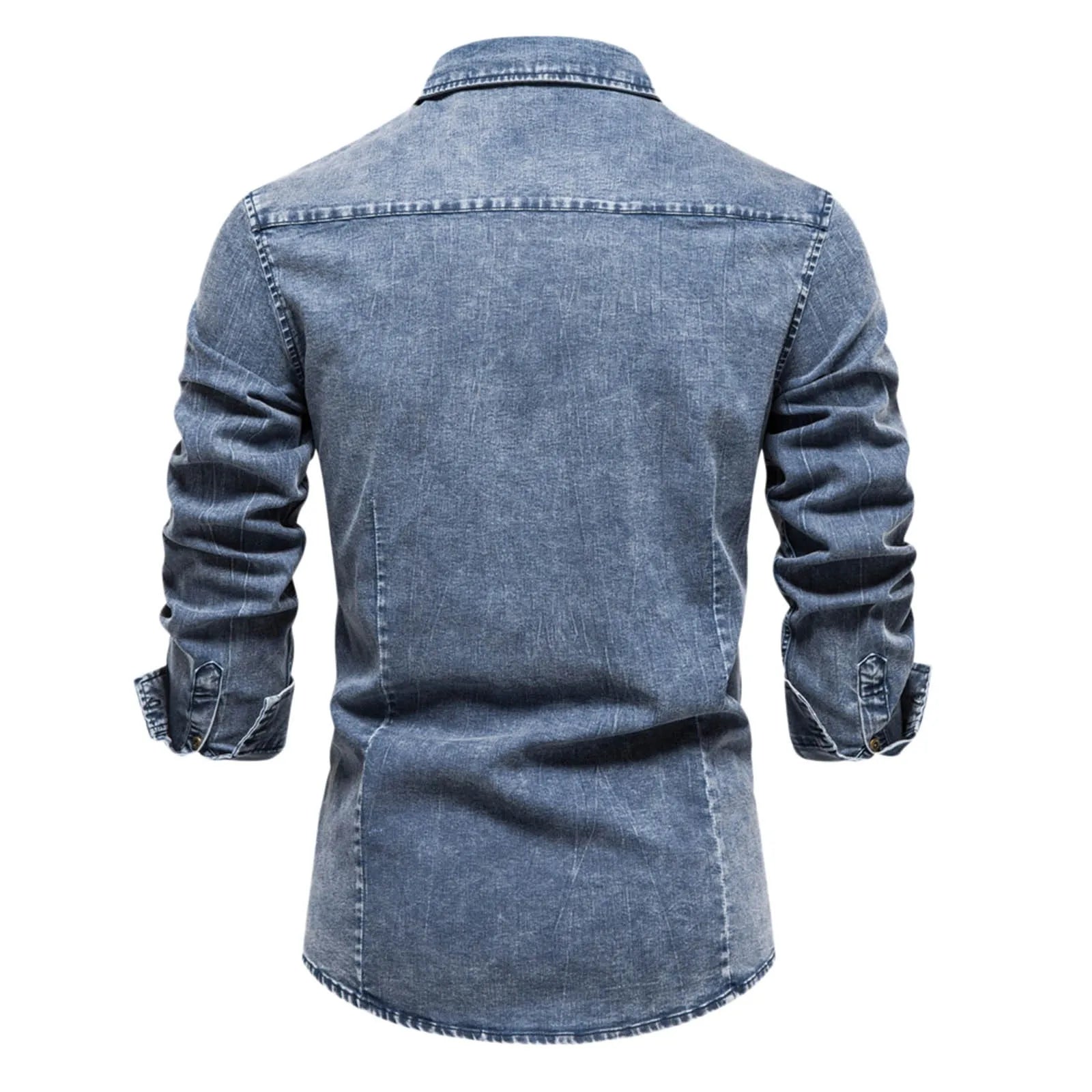Curled Edge Sleeves Denim Shirts Men'S Slim Fitted Washed Classic Slim With Pocket Jeans Long Sleeve Shirt Camisa De Hombre