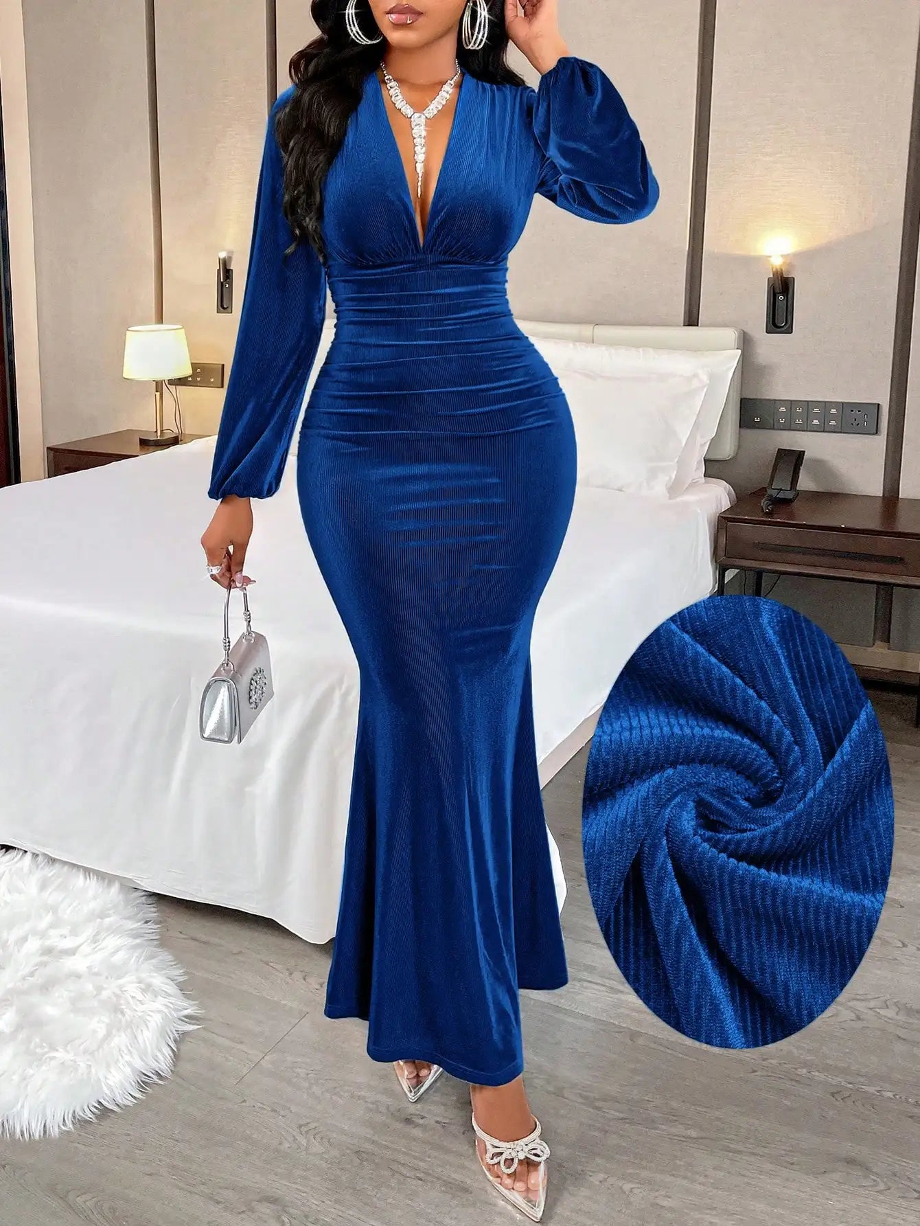 Women’s Elegant V-Neck Velvet Mermaid Evening Gown