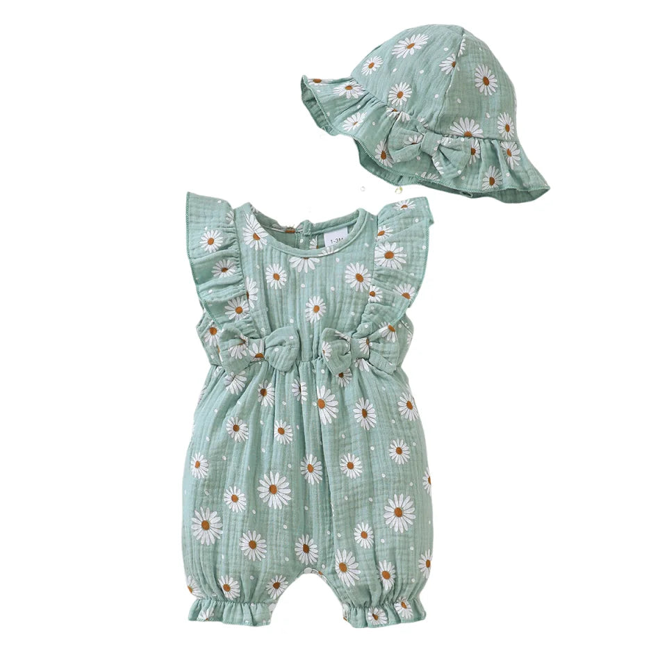 0-18 Months Baby Girl Clothes Set 2Pcs Daisy Print Romper Ruffle Bow Jumpsuit + Hat Summer Infant Newborn Casual Clothing Outfit