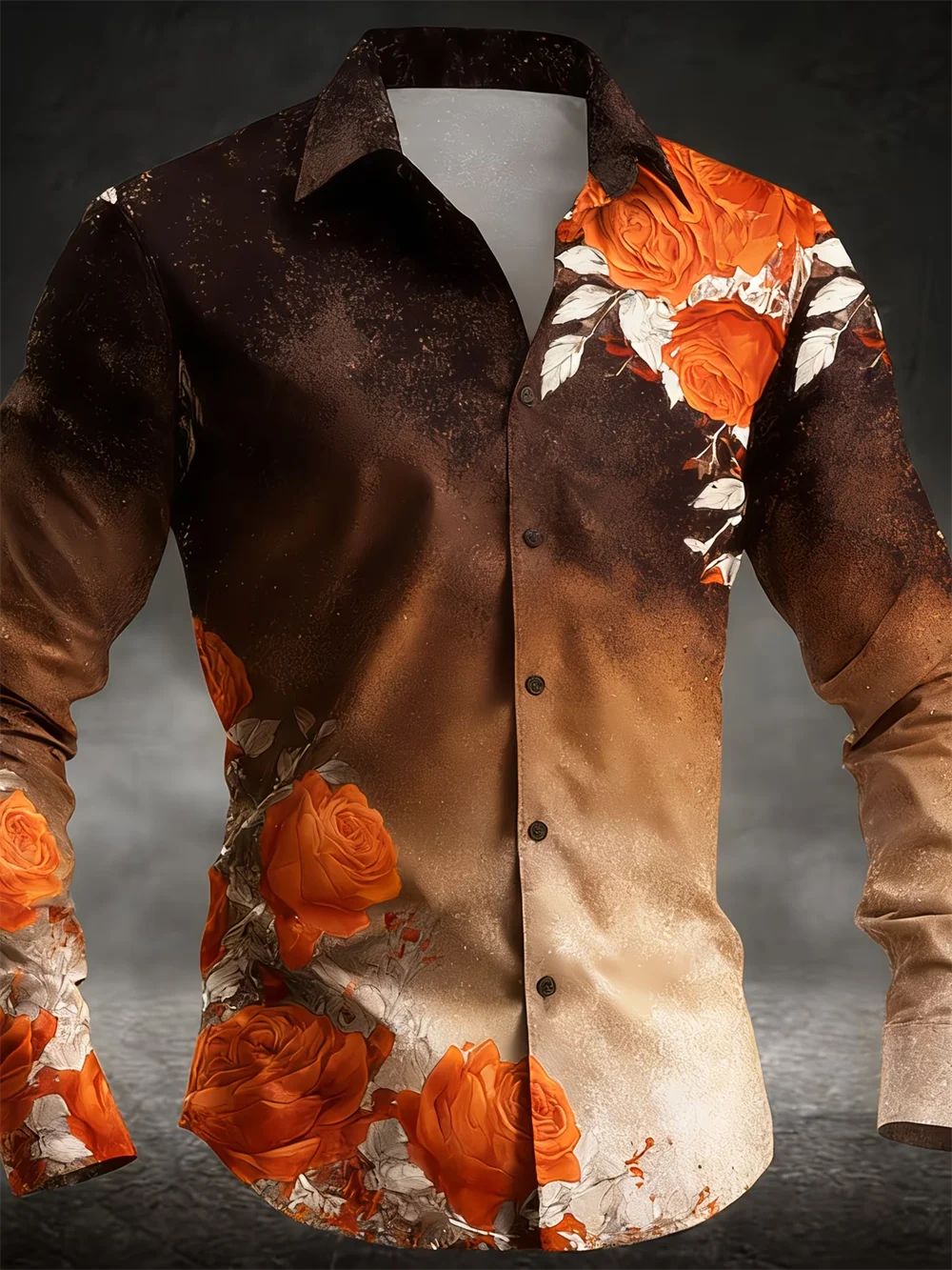 New Orange Bottom Geometric Diamond Wings Printed Men's Long Sleeve Shirt with Collar and Satin Shirt Clothing