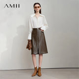 AMII Minimalist PU Leather Skirt for Women