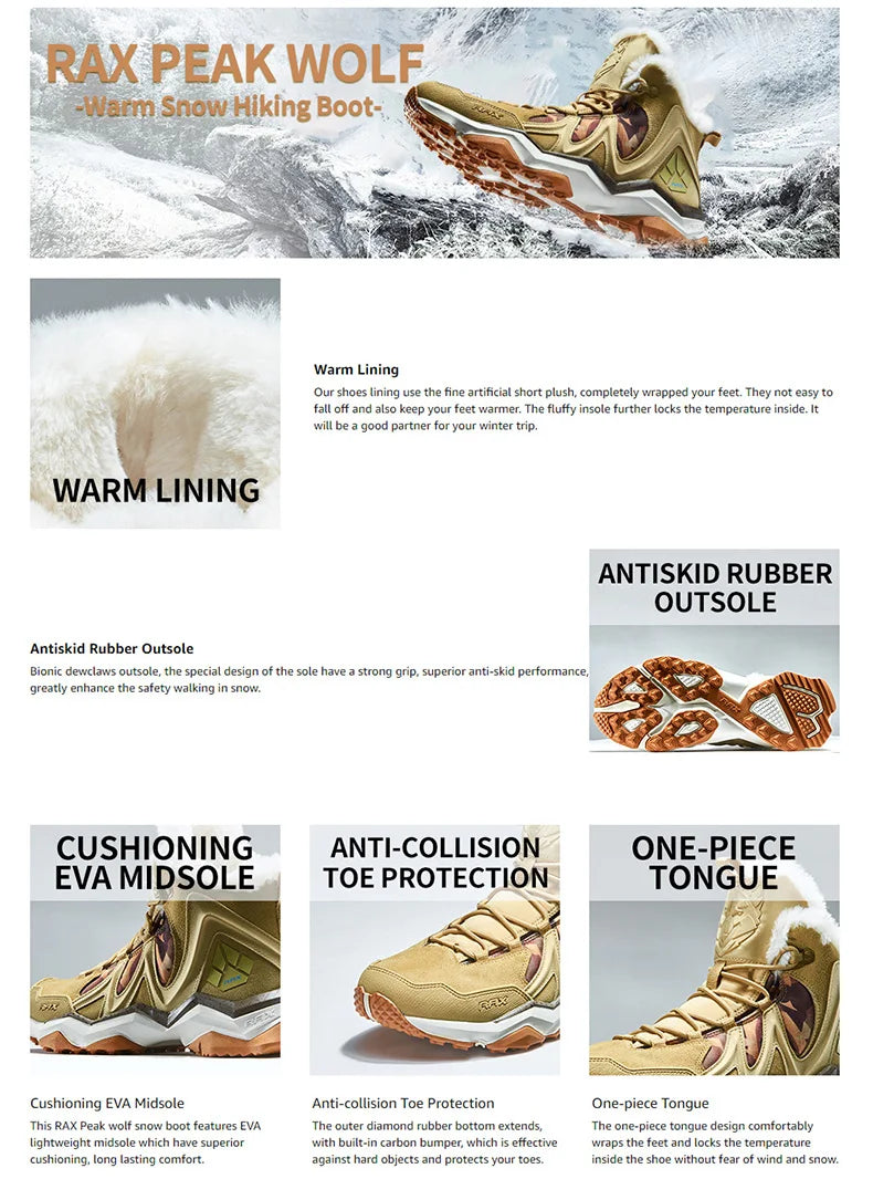 RAX Waterproof Hiking Shoes Men Winter Outdoor Sneakers for Men Snow Boots Plush Mountain Snowboots Outdoor Tourism Jogging Shoe