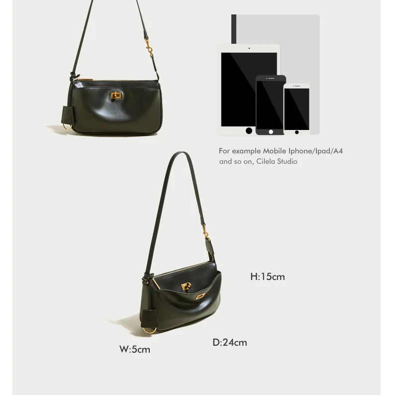 2026 Spring New Luxury Brand Women Shoulder Bags Split Leather Black Handbags Women Fashion Gold Buckle Underarm Bags