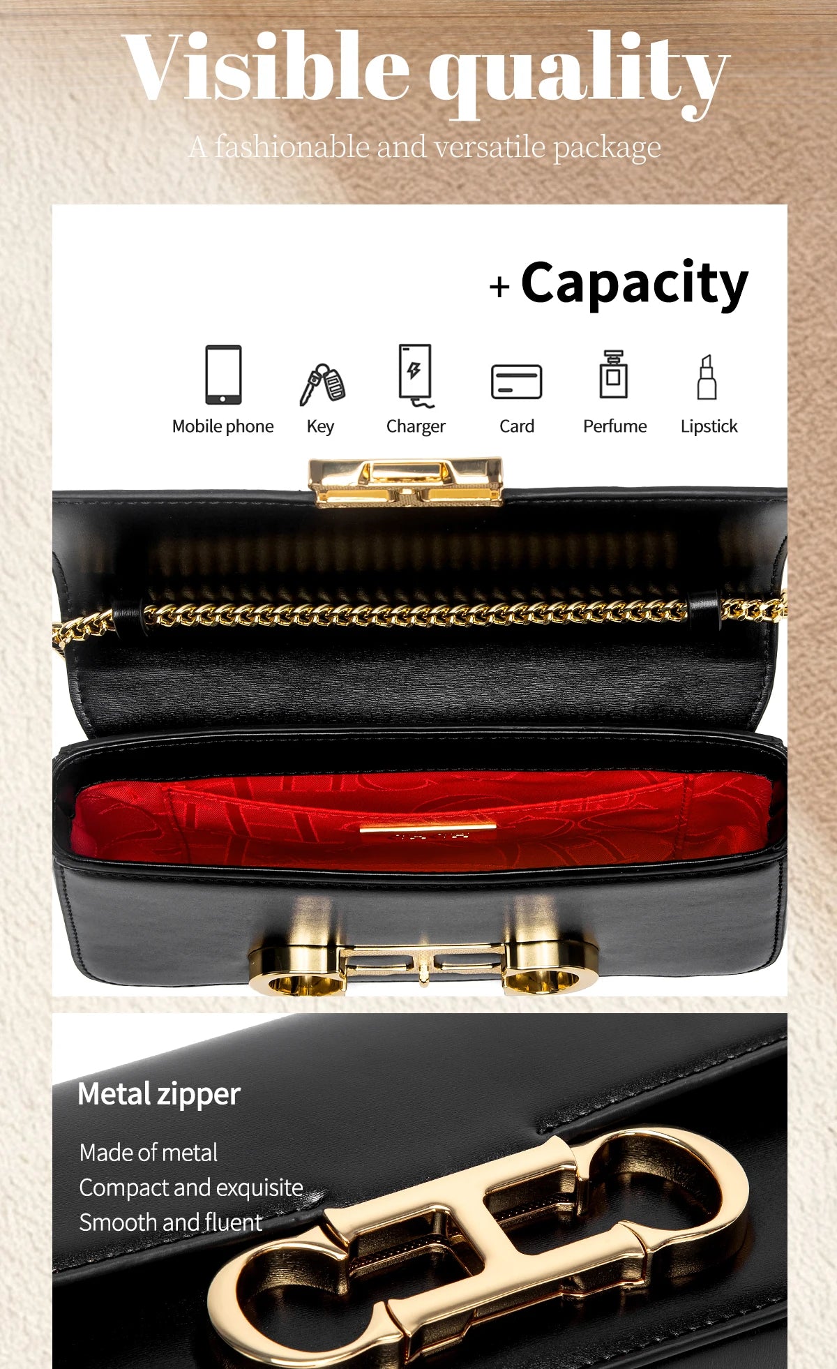 CHCH Women's Chain Bag Summer New Black Shoulder Bag Women's Flip Phone Bag