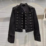 Spring Autumn Vintage Blue Slim Short Jeans Jacket Women Stand Collar Multi-breasted Design Long Sleeve Denim Jacket  Streetwear
