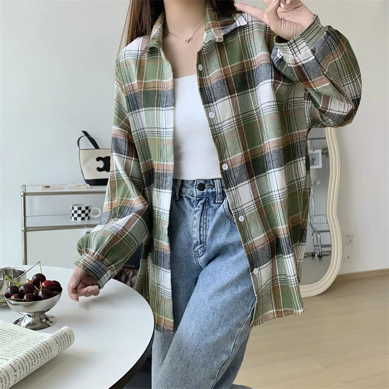 Vintage Plaid Long-Sleeve Blouse