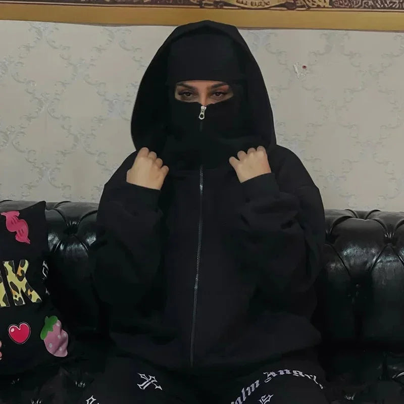 Y2K Double-Hood Zip-Up Balaclava Hoodie