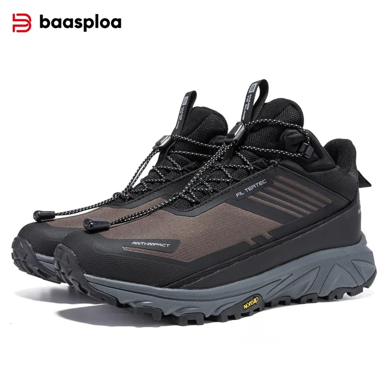 Baasploa Men Hiking Shoes Outdoor Waterproof Resistant Sneakers Male Winter Comfort Plush Warm Casual Walking Shoes Non-Slip