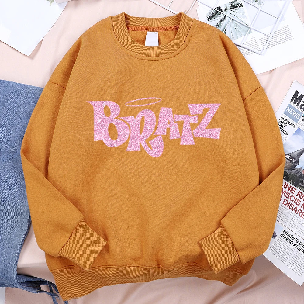Pink Cartoon Letters Bratz Print Sweatshirts Mens Casual Fleece Clothes Creativity Warm Hoodie Autumn Loose Streetwear Pullover