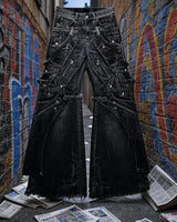Gothic Punk Multi-Pocket Cargo Flared Jeans
