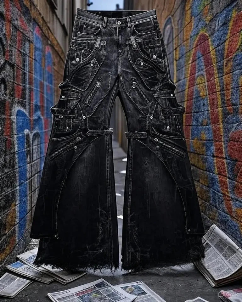 Gothic Punk Multi-Pocket Cargo Flared Jeans