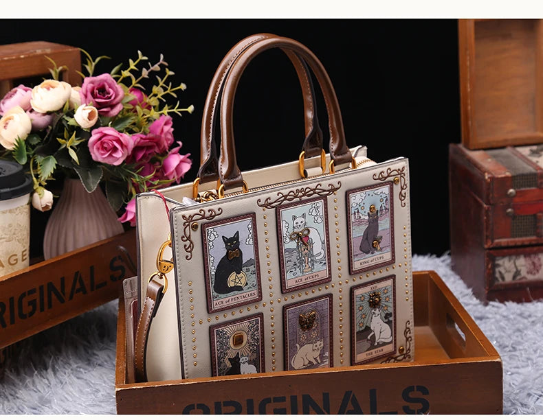 Vintage Luxury Leather Tote – Designer Cat Embroidery Shoulder Bag