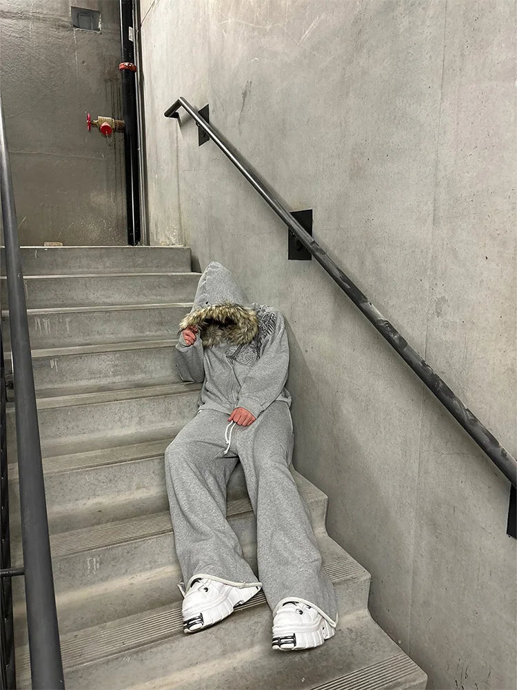 Y2K Aesthetic Faux Fur Zip-Up Hoodie