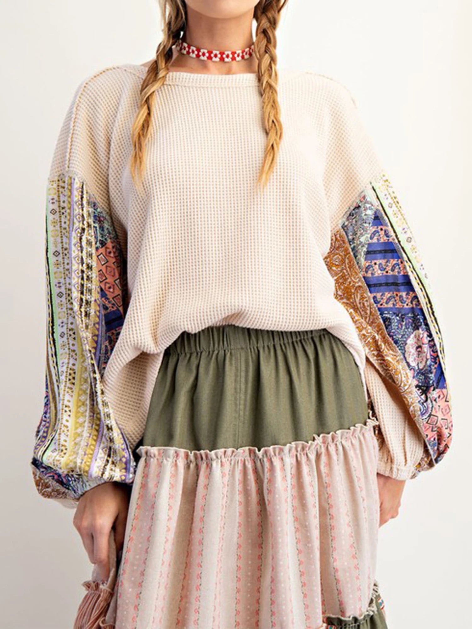Printed Patchwork Crew Neck Hoodie