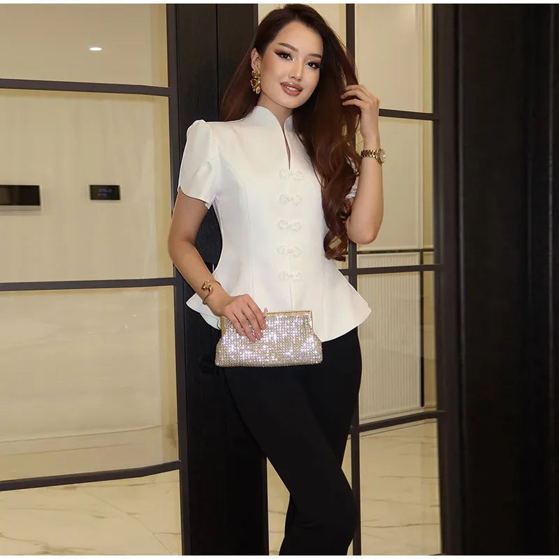 2026 Spring Summer Short Puff Sleeve Frog Button Shirt For Women Stand Collar  Single Breasted Blouse Lady Chic Street Party Top