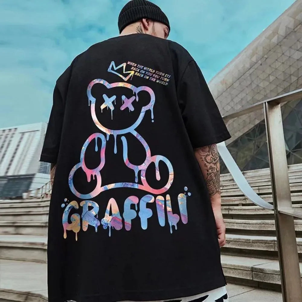 New men's summer colorful teddy bear letter print comfortable and breathable round neck T-shirt outdoor street top