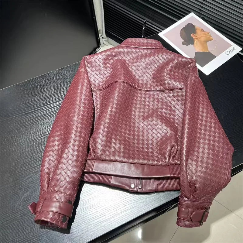 Natural Sheepskin Coat Women Autumn European and American Fashion Short Motorcycle Casual High Quality Hand-Woven Leather Jacket