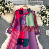 Miyake Pleated Drape Dress – Colorblock Print, 3/4 Sleeve