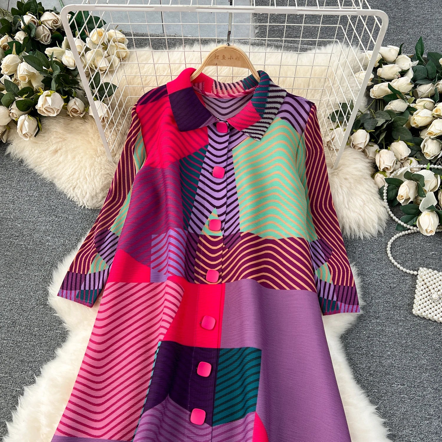 Miyake Pleated Drape Dress – Colorblock Print, 3/4 Sleeve