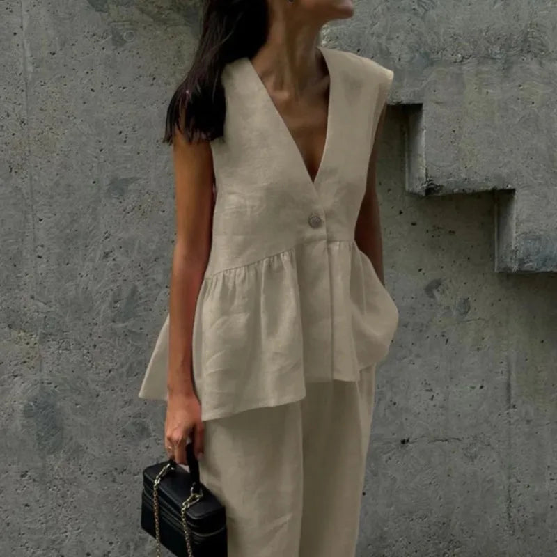 Fashion Women's Trouser Suits Sleeveless V-Neck Top Women Casual Straight Pants Sets Summer Women's Suit Commuter 2 Piece Set